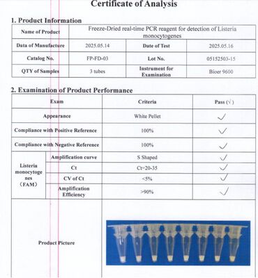 สารปฏิกิริยาการตรวจหา PCR ในเวลาจริงที่แห้งแบบเย็น เพื่อตรวจหา Listeria monocytogenes ที่มีความรู้สึกสูง โดยไม่จําเป็นต้องใช้โซ่เย็น