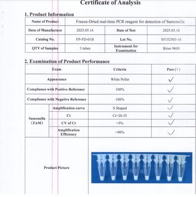 ชุดทดสอบความปลอดภัยของอาหารแบบรวดเร็ว โดยใช้เทคโนโลยี PCR ระยะเวลาจริงที่แห้งแบบเย็น เพื่อตรวจพบซัลโมเนล่าในการติดตามความปลอดภัยของอาหาร